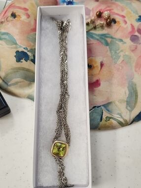 Silver Tone Multi-Chain Toggle Chocker Peridot (or Citrine) Gemstone Vintage